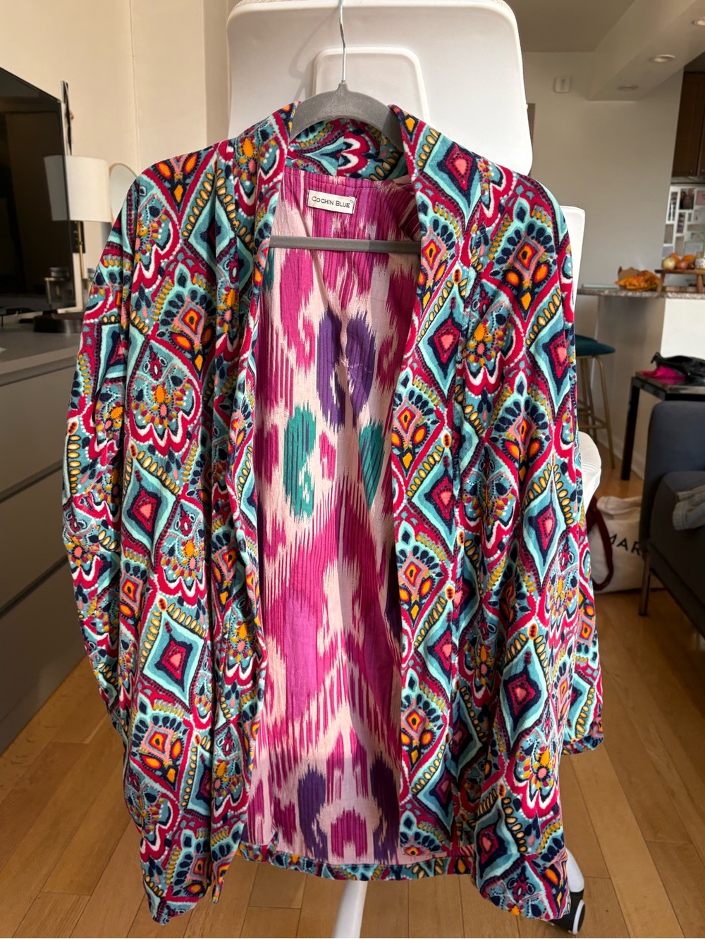 Velvet printed jacket with ikkat lining